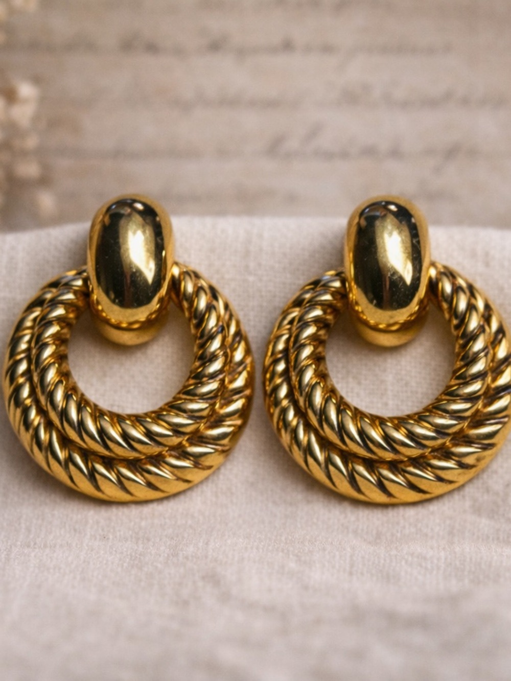 Vintage Gold Door Knocker Earrings Rope Twist Chunky pierced